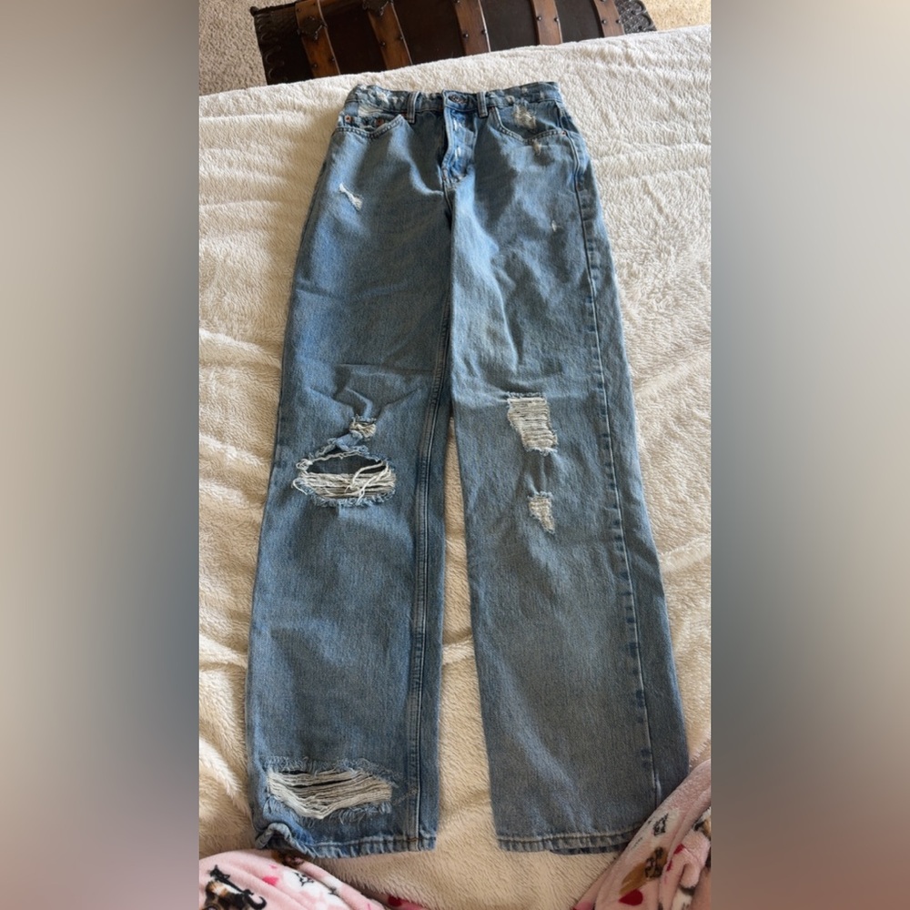 BDG Light Blue Straight Leg Jeans with Distressed Hem